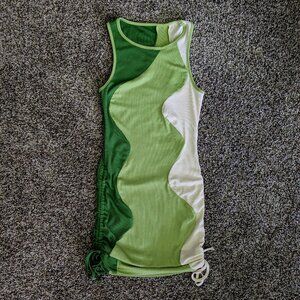 Green pattern adjustable tie bottom tank mini dress, size xs